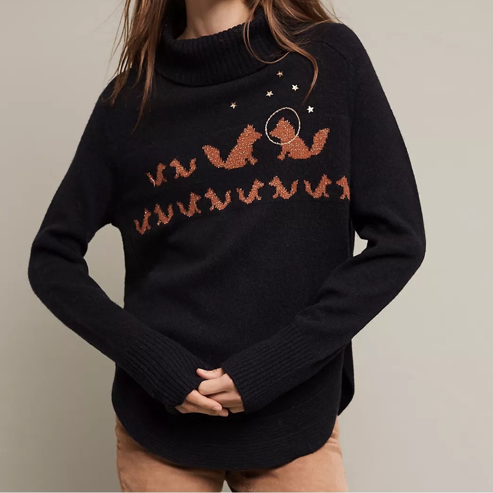 Moth ANTHROPOLOGIE Black Fanciful Fox Wool Blend Turtleneck Pullover Sweater S